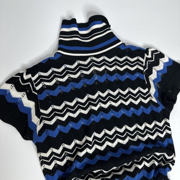 90s Y2K Vintage Mock Neck Turtleneck Tunic Top Small Blue Black Striped Retro - Picture 3 of 7